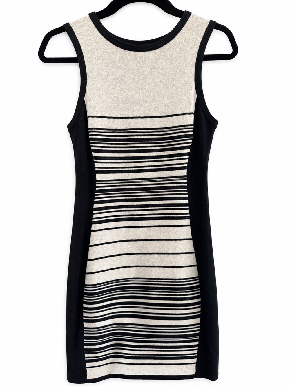 Adelyn Rae Black Beige Horizontal Striped Sleeveless Bodycon Sweater Dress M